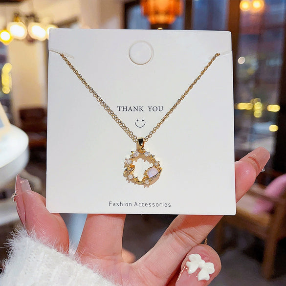 Wholesale Women's Titanium Steel Fresh Flower Pendant Necklace With Mixed Gem Micro Inlay Ochain