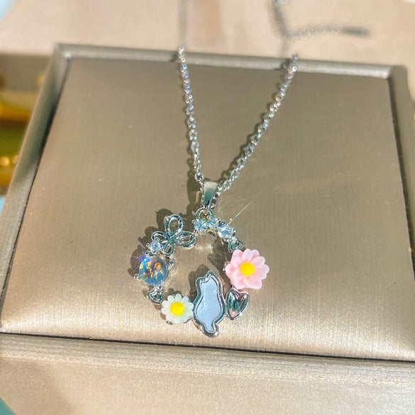 Wholesale Women's Titanium Steel Garland Pattern Necklace With Copper Zircon Inlaid Pendant And Oshaped Chain Light Luxury Style