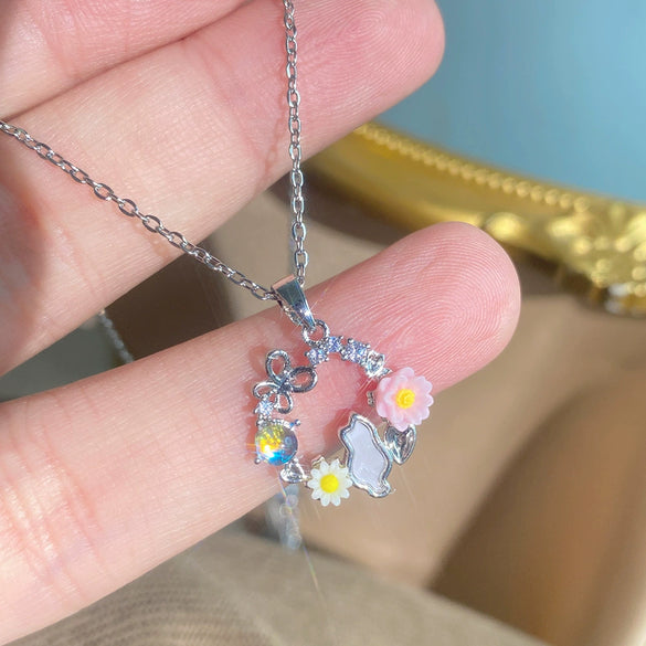 Wholesale Women's Titanium Steel Garland Pattern Necklace With Copper Zircon Inlaid Pendant And Oshaped Chain Light Luxury Style