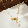 Wholesale Women's Titanium Steel Geometric Butterfly Tassel Pearl Necklace With Real Gold Plating In The Furnace