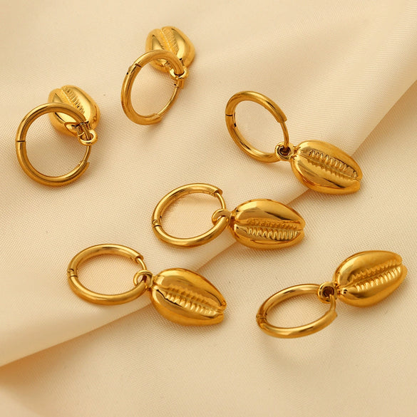 Wholesale Women's Titanium Steel Geometric Conch Pendant Earrings Electroplated With 18K Gold Retro Elegant Exaggerated Style