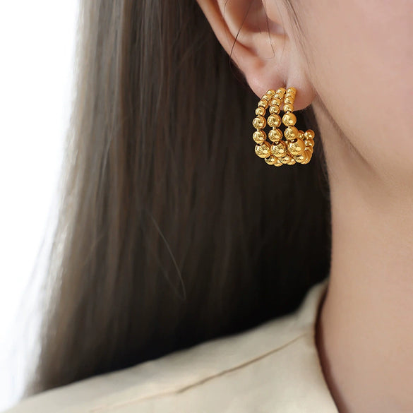 Wholesale Women's 316L Stainless Steel Geometric Cshaped Semicircular Threelayer Steel Ball Splicing Electroplated Earrings