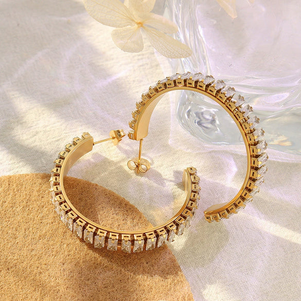 Wholesale Women's Titanium Steel Geometric Cshaped Zircon Earrings With Electroplating Retro And Unique Style