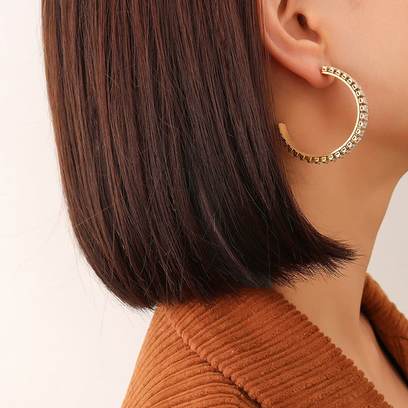 Wholesale Women's Titanium Steel Geometric Cshaped Zircon Earrings With Electroplating Retro And Unique Style