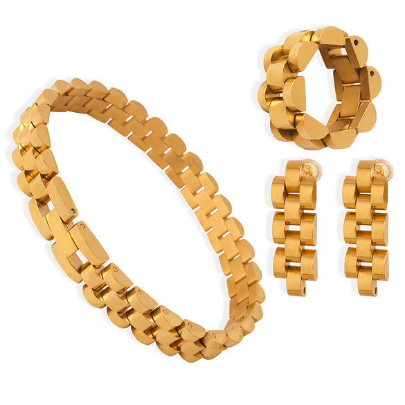 Wholesale Women's Titanium Steel Geometric Design Gold Plated Chain Bracelet Ring Earrings Jewelry Suit With Electroplating Treatment