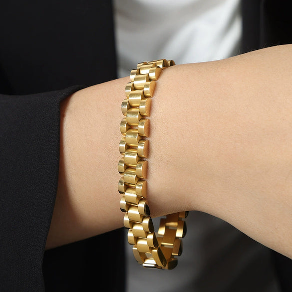 Wholesale Women's Titanium Steel Geometric Design Gold Plated Chain Bracelet Ring Earrings Jewelry Suit With Electroplating Treatment