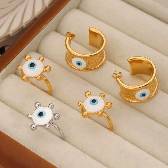 Wholesale Women's Titanium Steel Geometric Devil's Eye Ring And Hammer Pattern Earrings Gold Plated