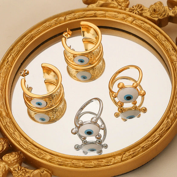 Wholesale Women's Titanium Steel Geometric Devil's Eye Ring And Hammer Pattern Earrings Gold Plated