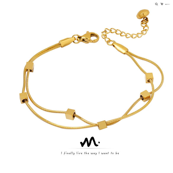 Wholesale Women's 316L Stainless Steel Geometric Doublelayer Square Bracelet Goldplated Snake Bone Chain Electroplated