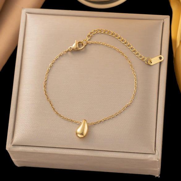 Wholesale Women's Titanium Steel Geometric Drop Shape Real Gold Plated Necklace With Rice Grain Chain Niche Minimalist Sporty Style