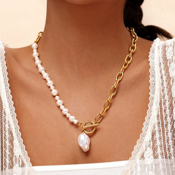 Wholesale Women's Titanium Steel Geometric Electroplated Stitching Ot Buckle Pearl Necklace With Alien Baroque Design