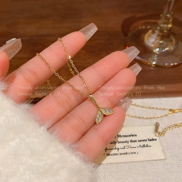 Wholesale Women's Titanium Steel Geometric Fishtail Pendant Clavicle Necklace With Microinlaid Zircon And Electroplating
