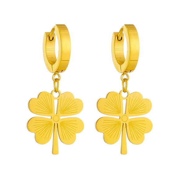 Wholesale Women's Titanium Steel Geometric Gold Inlaid Fourleaf Clover Ear Buckle Earrings Light Luxury Style