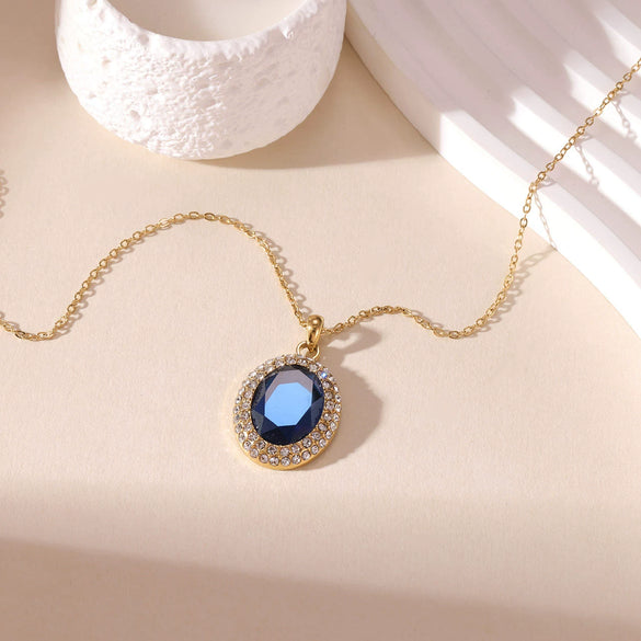 Wholesale Women's Titanium Steel Geometric Imitation Sapphire Pendant Necklace With Electroplating And O Word Chain Retro Temperament Simple Style