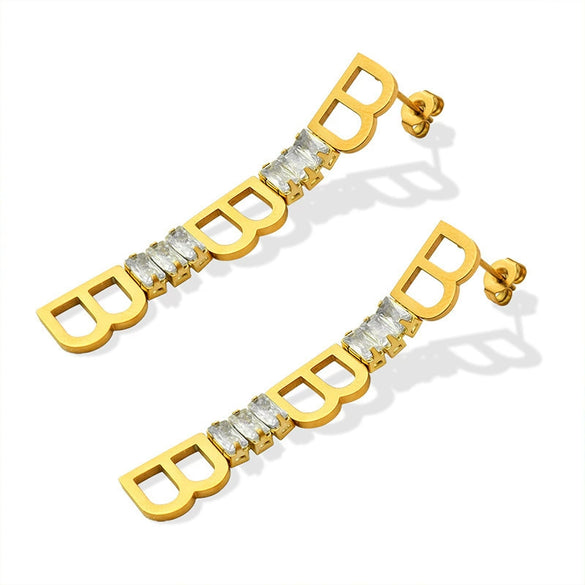 Wholesale Women's Titanium Steel Geometric Irregular Earrings With English Letter Stitching And Zircon Electroplated