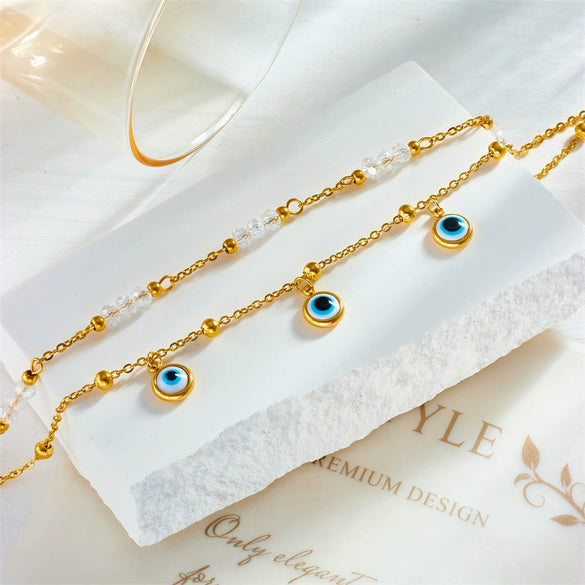 Wholesale Women's Titanium Steel Geometric Pattern Multi Layer Stacked Anklet With Turkey Blue Eyes Pendant And Beaded Chain