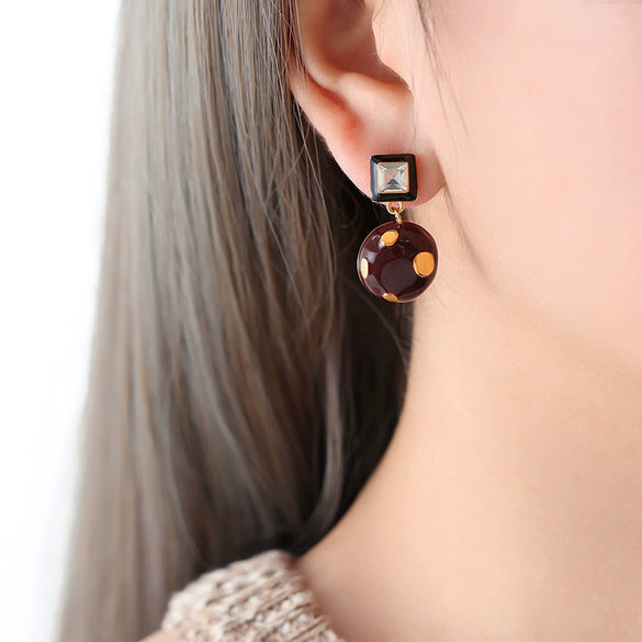 Wholesale Women's 316L Stainless Steel Geometric Personality Retro Square Enamel Glaze Wave Point Earrings
