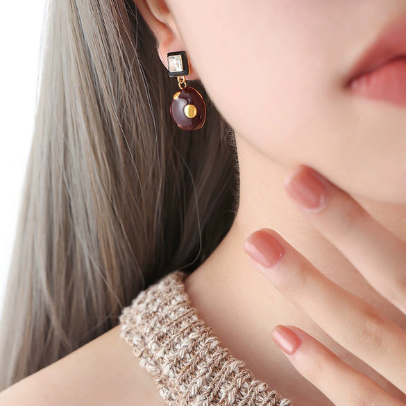 Wholesale Women's 316L Stainless Steel Geometric Personality Retro Square Enamel Glaze Wave Point Earrings