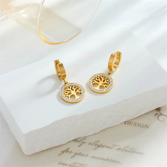 Wholesale Women's Titanium Steel Geometric Round Diamondembedded Life Tree Earrings Fashion Retro Style