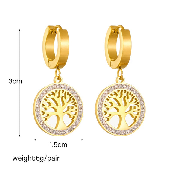 Wholesale Women's Titanium Steel Geometric Round Diamondembedded Life Tree Earrings Fashion Retro Style