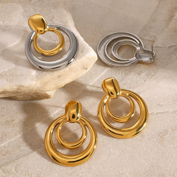 Wholesale Women's Titanium Steel Geometric Round Double Hollow Electroplated Earrings