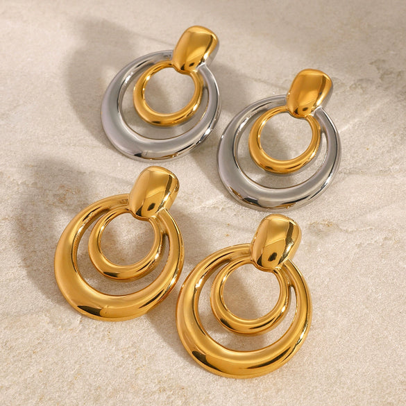 Wholesale Women's Titanium Steel Geometric Round Double Hollow Electroplated Earrings