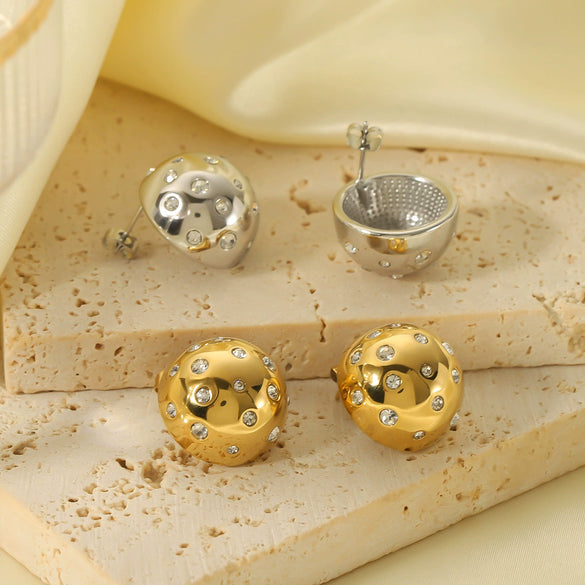 Wholesale Women's Titanium Steel Geometric Spherical Earrings With Diamond Embedded 18K Vacuum Plated In Furnace