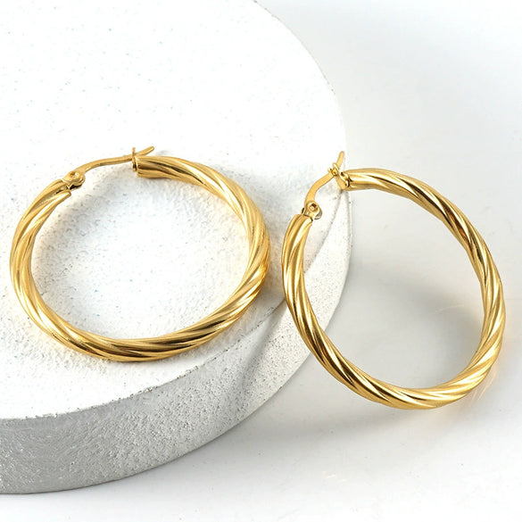 Wholesale Women's 316L Stainless Steel Geometric Striped Round Buckle Earrings With Electroplating