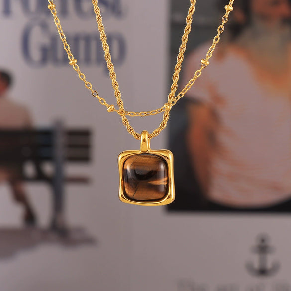Wholesale Women's 316L Stainless Steel Geometric Style Double Layer Stacked Necklace With Tiger Eye Pendant And Goldplated Treatment