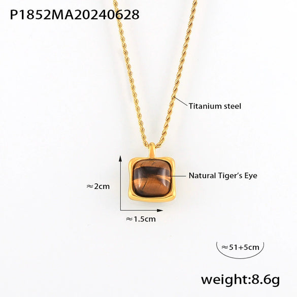 Wholesale Women's 316L Stainless Steel Geometric Style Double Layer Stacked Necklace With Tiger Eye Pendant And Goldplated Treatment