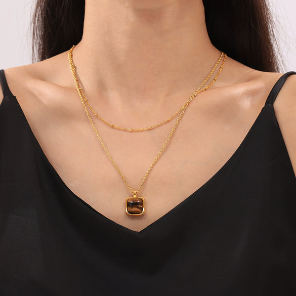 Wholesale Women's 316L Stainless Steel Geometric Style Double Layer Stacked Necklace With Tiger Eye Pendant And Goldplated Treatment