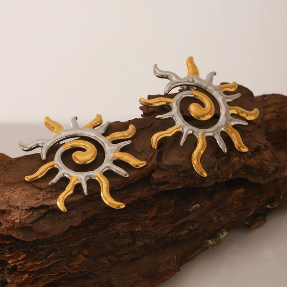 Wholesale Women's Titanium Steel Geometric Sun Flame Earrings Electroplated Fashion Jewelry