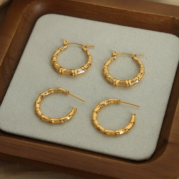 Wholesale Women's 316L Stainless Steel Geometric Texture Retro Bamboo Earrings Gold Plated