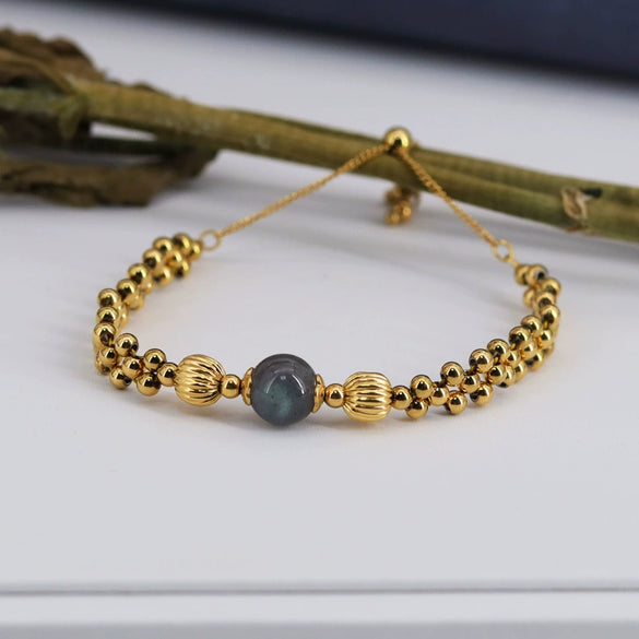 Wholesale Women's Titanium Steel Geometric Woven Metal Beads Moonstone Transfer Electroplated Bracelet