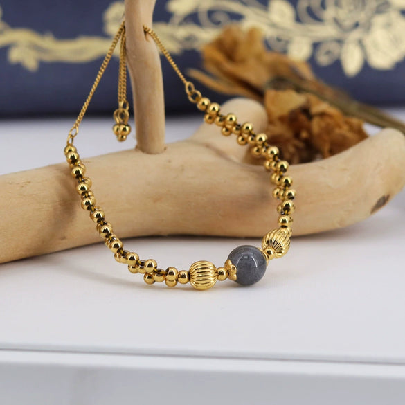 Wholesale Women's Titanium Steel Geometric Woven Metal Beads Moonstone Transfer Electroplated Bracelet