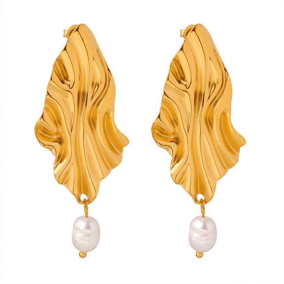 Wholesale Women's 316L Stainless Steel Gold Plated Freshwater Pearl Pendant Earrings Jewelry With Geometric Pattern And Electroplating Process Fashion Light Luxury Style Irregular Shape