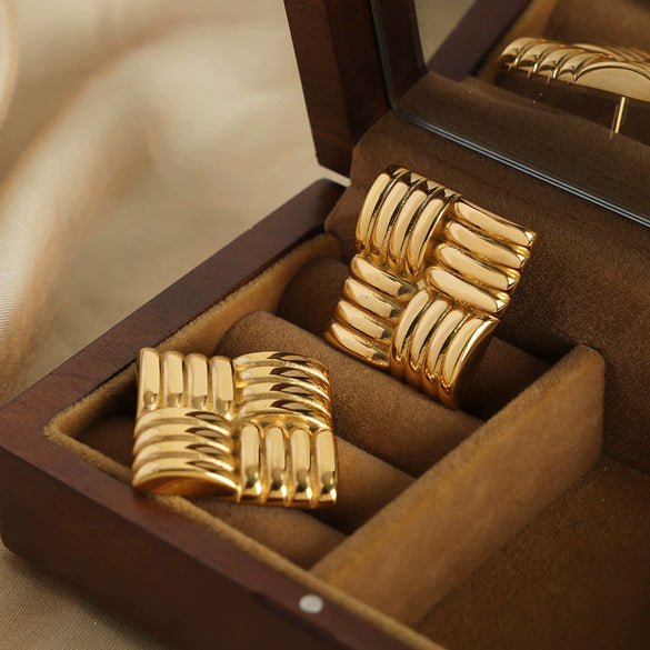 Wholesale Women's 316L Stainless Steel Gold Plated Geometric Square Striped Retro Creative Personality Earrings Jewelry