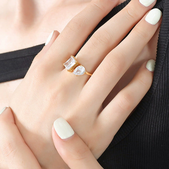 Wholesale Women's 316L Stainless Steel Gold Plated Open Ring With Inlaid Zircon And Geometric Design Fashion Style Electroplating Treatment