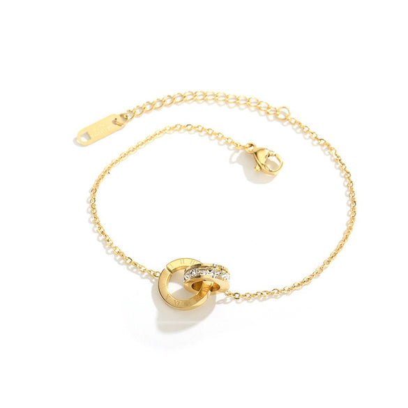 Wholesale Women's Titanium Steel Gold Plated Roman Numerals Doublering Pendant Ochain Necklace