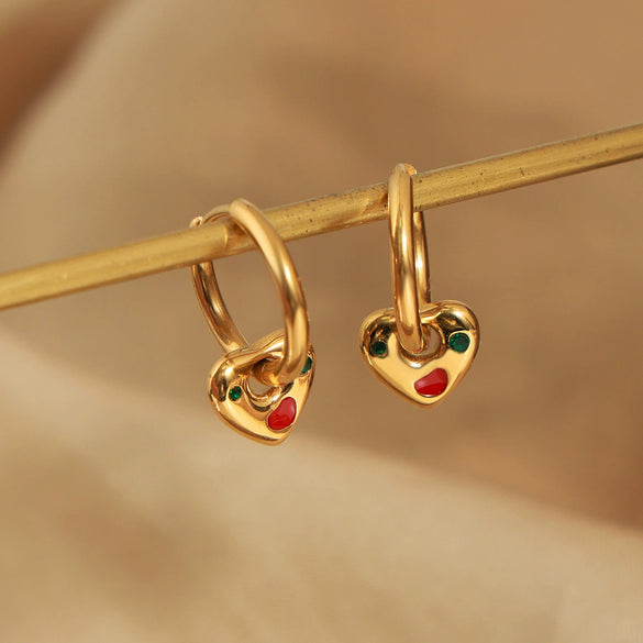 Wholesale Women's 316L Stainless Steel Goldplated Enamel Glaze Inlaid Zircon Heartshaped Earrings Jewelry Light Luxury Fashion With Dripping Oil Design