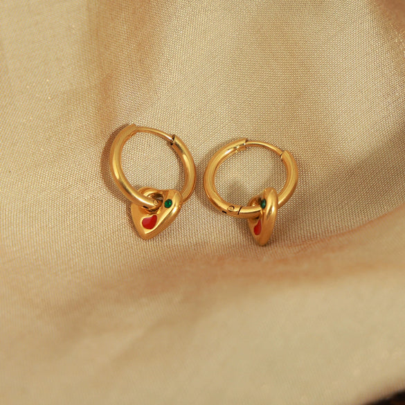 Wholesale Women's 316L Stainless Steel Goldplated Enamel Glaze Inlaid Zircon Heartshaped Earrings Jewelry Light Luxury Fashion With Dripping Oil Design