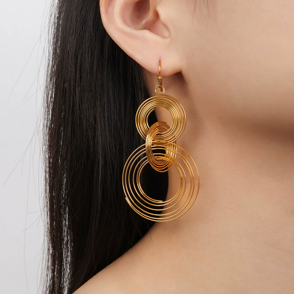 Wholesale Women's 316L Stainless Steel Goldplated Geometric Circle Multilevel Niche Design Earrings Jewelry