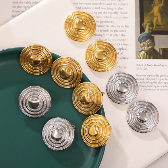 Wholesale Women's 316L Stainless Steel Goldplated Simple Multilayer Circle Love Shield Shape Geometric Earrings
