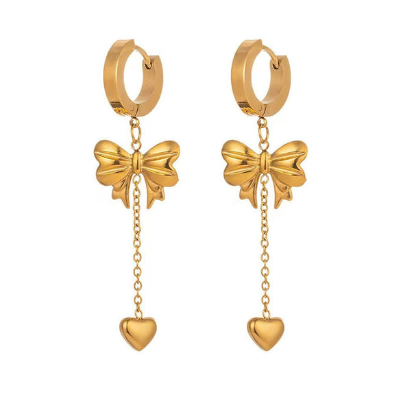 Wholesale Women's Titanium Steel Heart Bow Tassel Diamond Earrings Allmatch Geometric Style