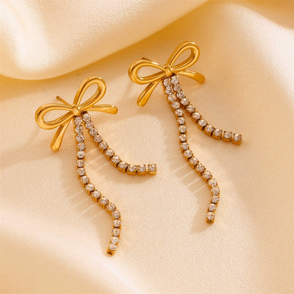 Wholesale Women's Titanium Steel Heart Bow Tassel Diamond Earrings Allmatch Geometric Style