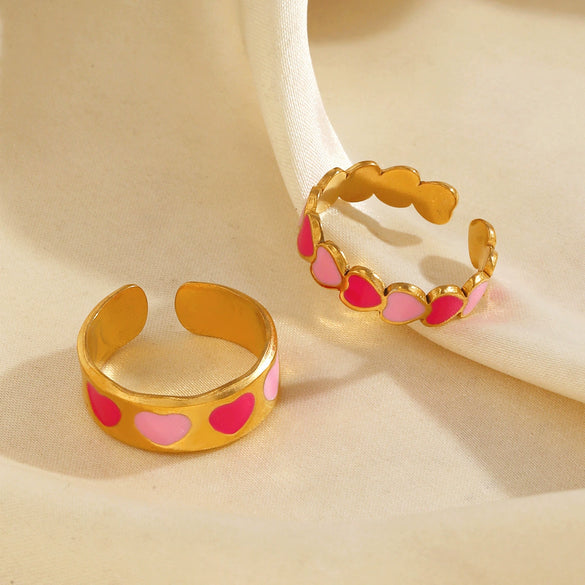 Wholesale Women's Titanium Steel Heart Shape Ring With Pink Drop Oil Love Pattern And Electroplating Process