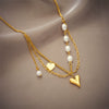 Wholesale Women's Titanium Steel Heart Shaped Pearl Tassel Pendant Stacked Double Layer Necklace With Electroplating