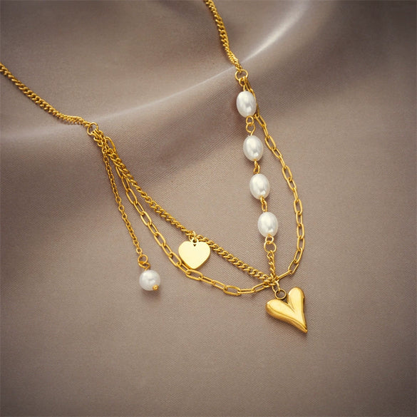 Wholesale Women's Titanium Steel Heart Shaped Pearl Tassel Pendant Stacked Double Layer Necklace With Electroplating