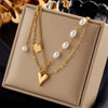 Wholesale Women's Titanium Steel Heart Shaped Pearl Tassel Pendant Stacked Double Layer Necklace With Electroplating