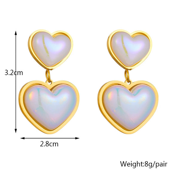 Wholesale Women's Titanium Steel Heartshaped Colorful Pearl Pendant Ear Studs With Electroplating